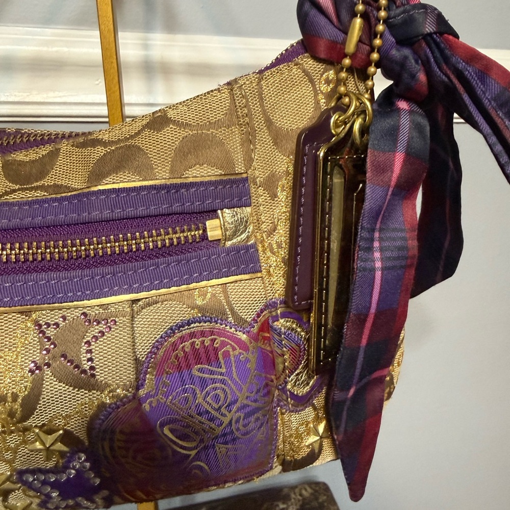Coach Poppy Tartan Appliqué Groovy Shoulder Bag Brown Purple - Picture 6 of 17